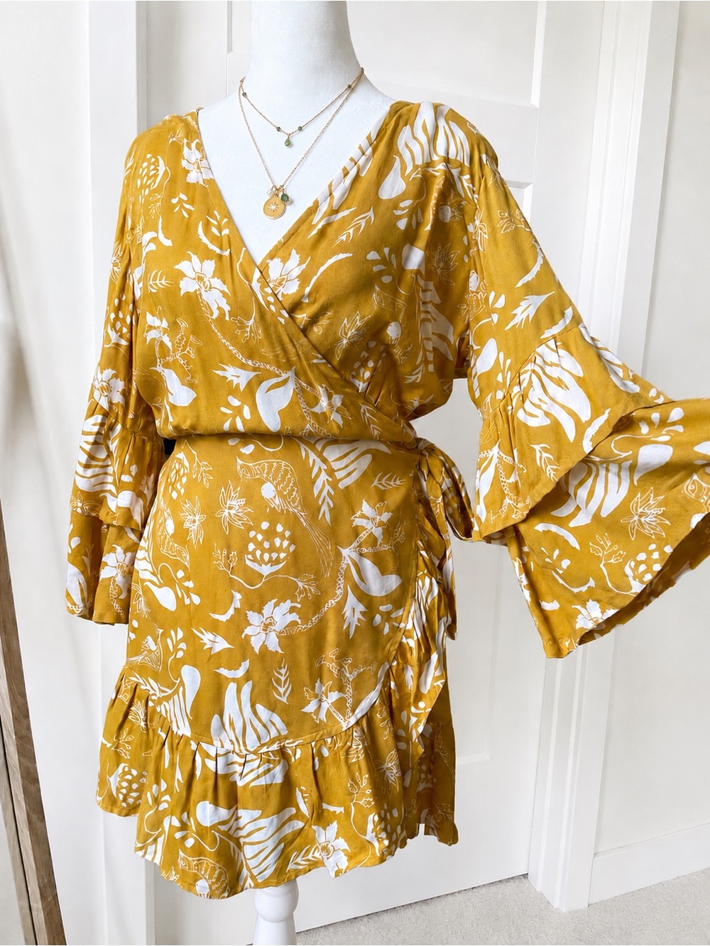 Cleobella Revolve Bonita Yellow Marigold Floral Wrap Dress w/ Bell Sleeves